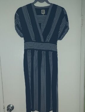 Anne Klein Navy and White Striped Midi Dress